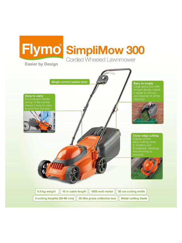 Flymo SimpliMow 300 Electric Rotary Lawn Mower - 1000 Watts & 30cm Wide